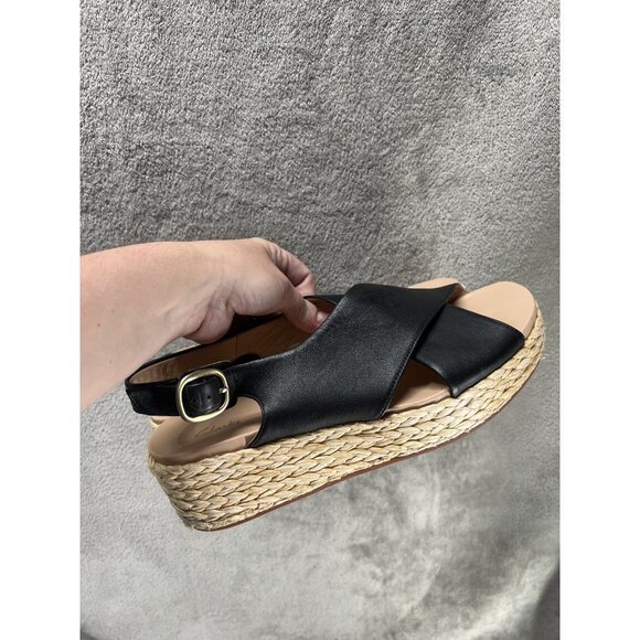 Clarks Women’s 11  Kimmei Wedge Sandal Black Leather Cross Wide Strap Slingback - Picture 8 of 11